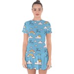 Seamless Pattern Vector Owl Cartoon With Bugs Drop Hem Mini Chiffon Dress