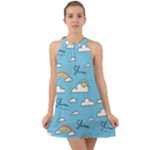 Seamless Pattern Vector Owl Cartoon With Bugs Halter Tie Back Chiffon Dress