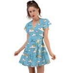 Sky Pattern Flutter Sleeve Wrap Dress