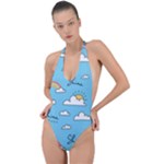 Sky Pattern Backless Halter One Piece Swimsuit