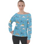 Seamless Pattern Vector Owl Cartoon With Bugs Off Shoulder Long Sleeve Velour Top