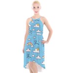 Seamless Pattern Vector Owl Cartoon With Bugs High-Low Halter Chiffon Dress 