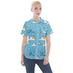 Seamless Pattern Vector Owl Cartoon With Bugs Women s Short Sleeve Pocket Shirt
