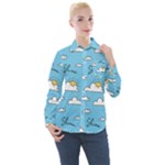 Seamless Pattern Vector Owl Cartoon With Bugs Women s Long Sleeve Pocket Shirt