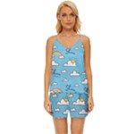 Sky Pattern V-Neck Satin Pajamas Set