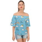 Seamless Pattern Vector Owl Cartoon With Bugs Off Shoulder Short Sleeve Top