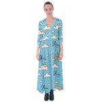 Seamless Pattern Vector Owl Cartoon With Bugs Button Up Maxi Dress