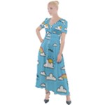 Seamless Pattern Vector Owl Cartoon With Bugs Button Up Short Sleeve Maxi Dress