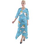 Seamless Pattern Vector Owl Cartoon With Bugs Quarter Sleeve Wrap Front Maxi Dress