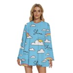 Sky Pattern Round Neck Long Sleeve Bohemian Style Chiffon Mini Dress