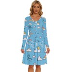 Sky Pattern Long Sleeve Dress With Pocket