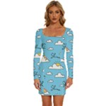 Sky Pattern Long Sleeve Square Neck Bodycon Velvet Dress