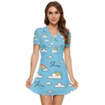 Seamless Pattern Vector Owl Cartoon With Bugs V-Neck High Waist Chiffon Mini Dress
