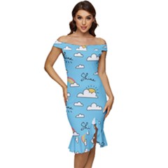 Off Shoulder Ruffle Split Hem Bodycon Dress 