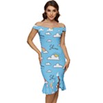 Seamless Pattern Vector Owl Cartoon With Bugs Off Shoulder Ruffle Split Hem Bodycon Dress