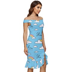 Off Shoulder Ruffle Split Hem Bodycon Dress 