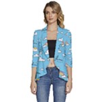 Seamless Pattern Vector Owl Cartoon With Bugs Women s 3/4 Sleeve Ruffle Edge Open Front Jacket
