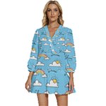 Seamless Pattern Vector Owl Cartoon With Bugs V-Neck Placket Mini Dress
