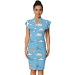 Seamless Pattern Vector Owl Cartoon With Bugs Vintage Frill Sleeve V-Neck Bodycon Dress