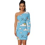 Seamless Pattern Vector Owl Cartoon With Bugs Long Sleeve One Shoulder Mini Dress