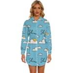 Seamless Pattern Vector Owl Cartoon With Bugs Womens Long Sleeve Shirt Dress