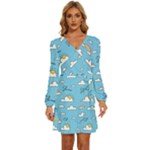 Seamless Pattern Vector Owl Cartoon With Bugs Long Sleeve Waist Tie Ruffle Velvet Dress