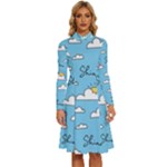 Seamless Pattern Vector Owl Cartoon With Bugs Long Sleeve Shirt Collar A-Line Dress