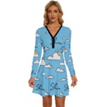 Seamless Pattern Vector Owl Cartoon With Bugs Long Sleeve Deep V Mini Dress 