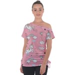 Cute Unicorn Seamless Pattern Off Shoulder Tie-Up T-Shirt