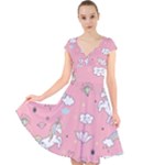 Cute Unicorn Seamless Pattern Cap Sleeve Front Wrap Midi Dress