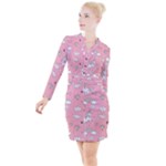 Cute Unicorn Seamless Pattern Button Long Sleeve Dress