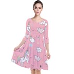 Cute Unicorn Seamless Pattern Quarter Sleeve Waist Band Dress