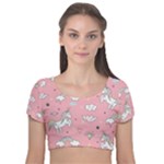 Cute Unicorn Seamless Pattern Velvet Short Sleeve Crop Top 