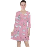 Cute Unicorn Seamless Pattern Quarter Sleeve Ruffle Waist Dress