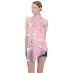Cute Unicorn Seamless Pattern Halter Asymmetric Satin Top