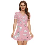 Cute Unicorn Seamless Pattern V-Neck High Waist Chiffon Mini Dress