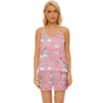 Cute Unicorn Seamless Pattern V-Neck Satin Pajamas Set