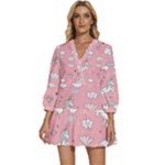 Cute Unicorn Seamless Pattern V-Neck Placket Mini Dress