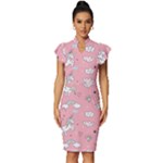 Cute Unicorn Seamless Pattern Vintage Frill Sleeve V-Neck Bodycon Dress
