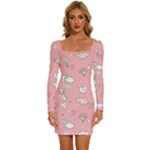 Cute Unicorn Seamless Pattern Long Sleeve Square Neck Bodycon Velvet Dress
