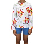 Seamless Pattern Vector Owl Cartoon With Bugs Kids  Long Sleeve Swimwear