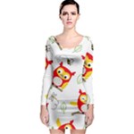 Seamless Pattern Vector Owl Cartoon With Bugs Long Sleeve Bodycon Dress