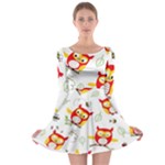 Seamless Pattern Vector Owl Cartoon With Bugs Long Sleeve Skater Dress