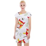 Seamless Pattern Vector Owl Cartoon With Bugs Cap Sleeve Bodycon Dress
