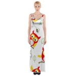 Seamless Pattern Vector Owl Cartoon With Bugs Thigh Split Maxi Dress