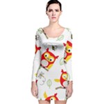 Seamless Pattern Vector Owl Cartoon With Bugs Long Sleeve Velvet Bodycon Dress