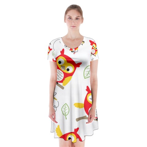 Seamless Pattern Vector Owl Cartoon With Bugs Short Sleeve V