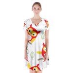 Seamless Pattern Vector Owl Cartoon With Bugs Short Sleeve V-neck Flare Dress