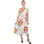 Seamless Pattern Vector Owl Cartoon With Bugs Midi Tie-Back Chiffon Dress