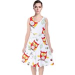 Seamless Pattern Vector Owl Cartoon With Bugs V-Neck Midi Sleeveless Dress 